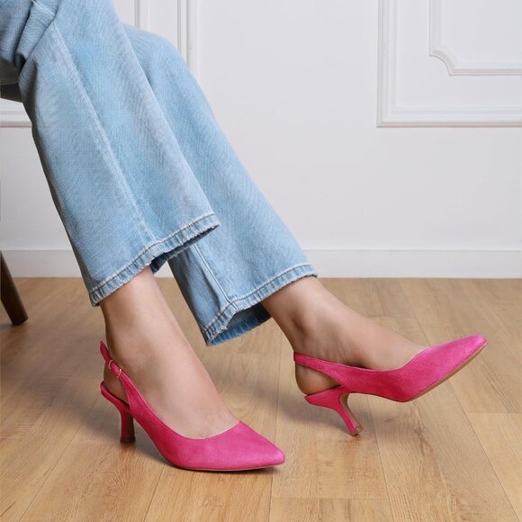 Dream Pairs Women Hot Pink Faux Suede Pointed Toe Slingback Low Kitten Heels - Picture 7 of 7